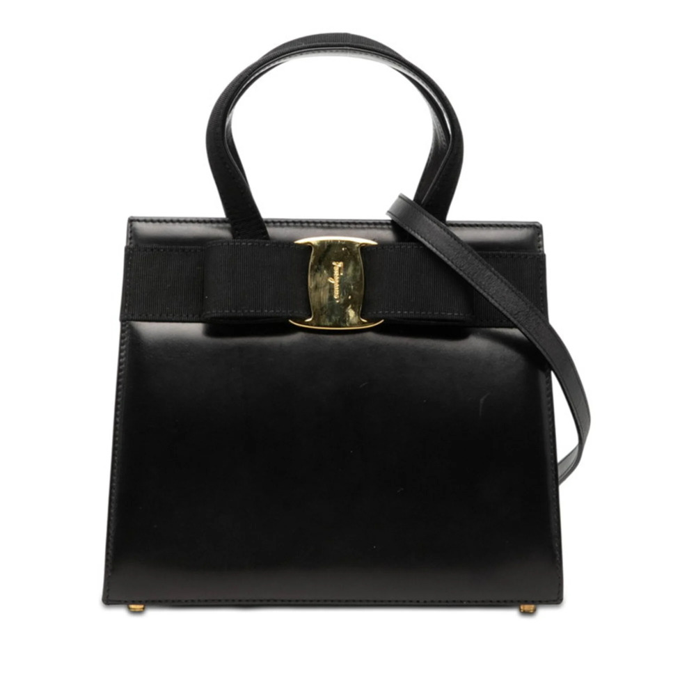 Salvatore Ferragamo Vara Ribbon Handbag Shoulder Bag 2WAY BA214178 Black Leat...